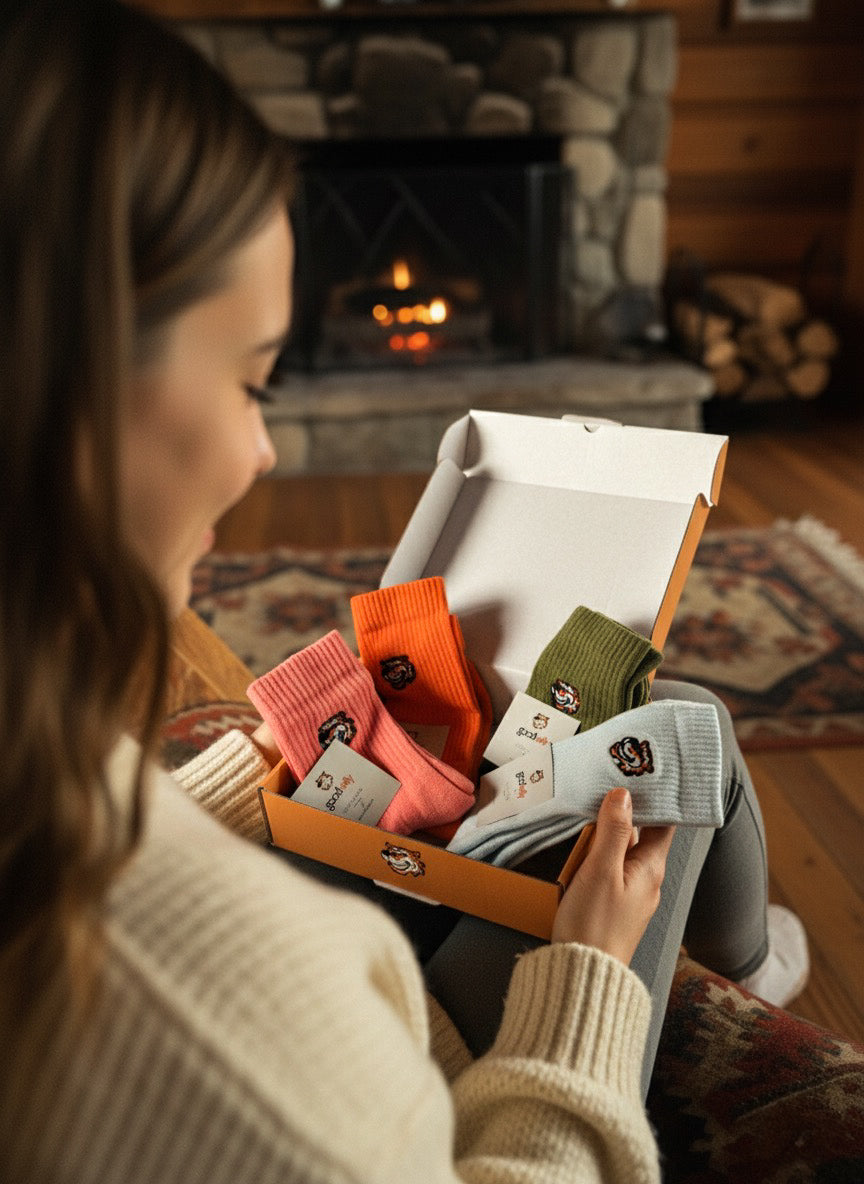 Frau packt am Kamin eine Good Willy Geschenkbox mit Socken aus (KI-generiert)