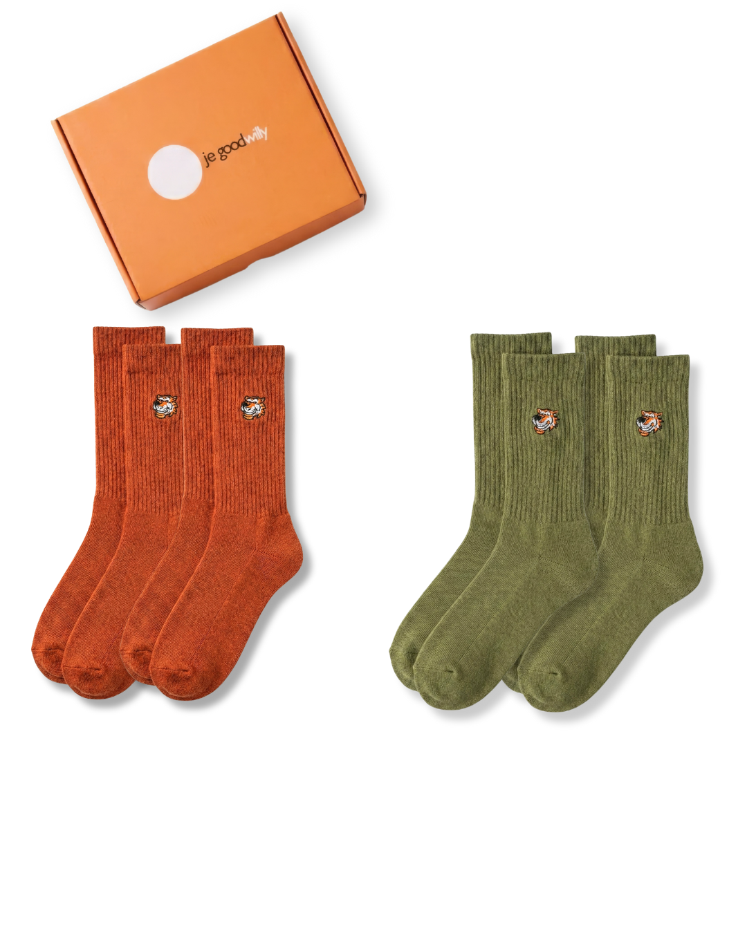 Archive Set für Damen von Good Willy: 4 Paar Crew-Socken in Braun und Olivgrün mit oranger Geschenkbox (KI-generiert)