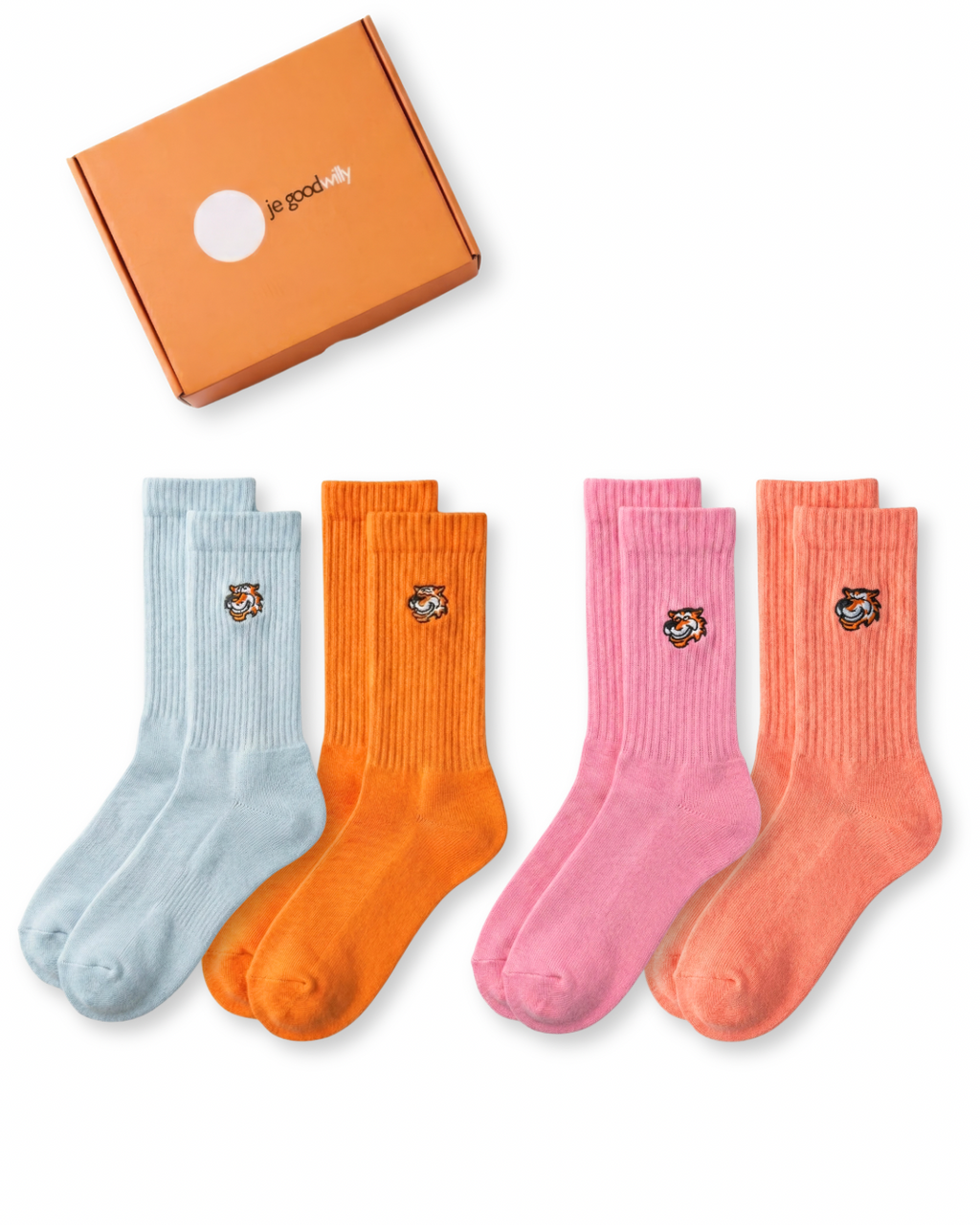 Boarding Call Set für Paare von Good Willy: 4 Paar Crew-Socken in Hellgrau, Orange, Rosa und Pfirsich mit oranger Geschenkbox (KI-generiert)