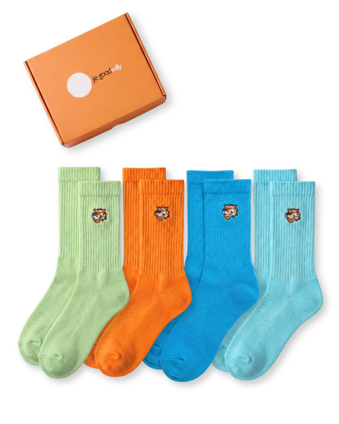 Carry On Set für Damen von Good Willy: 4 Paar Crew-Socken in Mintgrün, Orange, Blau und Türkis mit oranger Geschenkbox (KI-generiert)