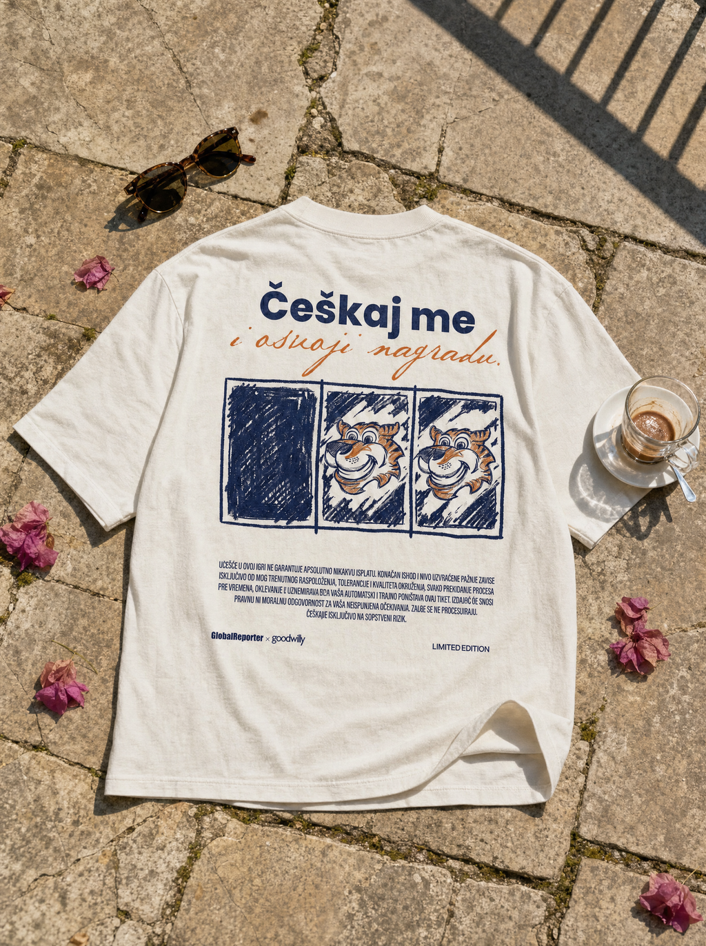Češkaj me T-Shirt von Good Willy, flach liegend auf Steinboden mit Blüten (KI-generiert)