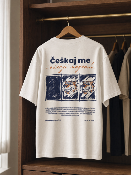 Češkaj me T-Shirt von Good Willy, Rückseite mit Print, auf einem Holzbügel im Kleiderschrank (KI-generiert)