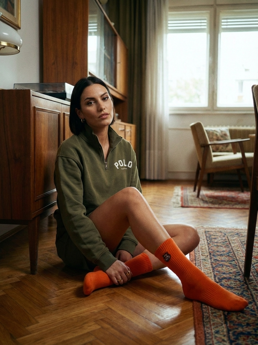 Frau im grünen Hoodie sitzt zu Hause auf dem Boden und trägt Happy Hour Crew-Socken in Orange von Good Willy (KI-generiert)