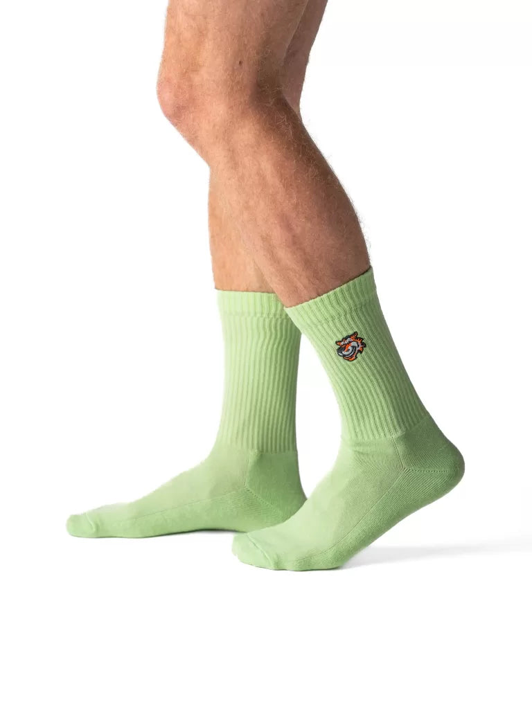 HR Problem Crew-Socken in Mintgrün von Good Willy, am Herrenbein getragen, Ansicht 1 (KI-generiert)