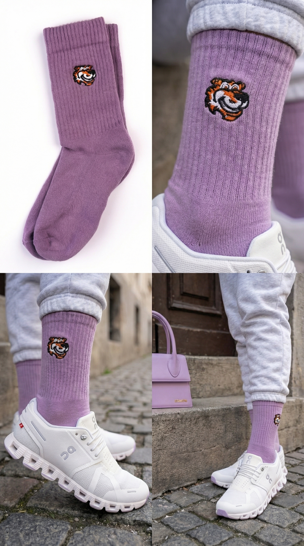 Late Checkout Crew-Socken in Lila von Good Willy, Collage mit Detail- und Sneaker-Ansicht (KI-generiert)