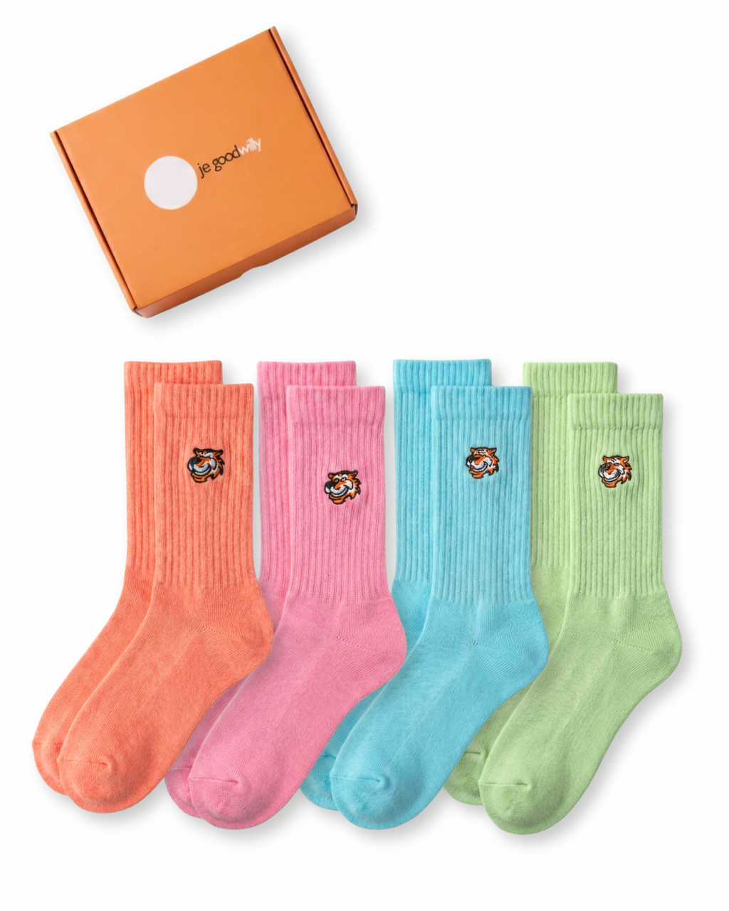 Weekend Set für Damen von Good Willy: 4 Paar Crew-Socken in Pfirsich, Rosa, Türkis und Mintgrün mit oranger Geschenkbox (KI-generiert)