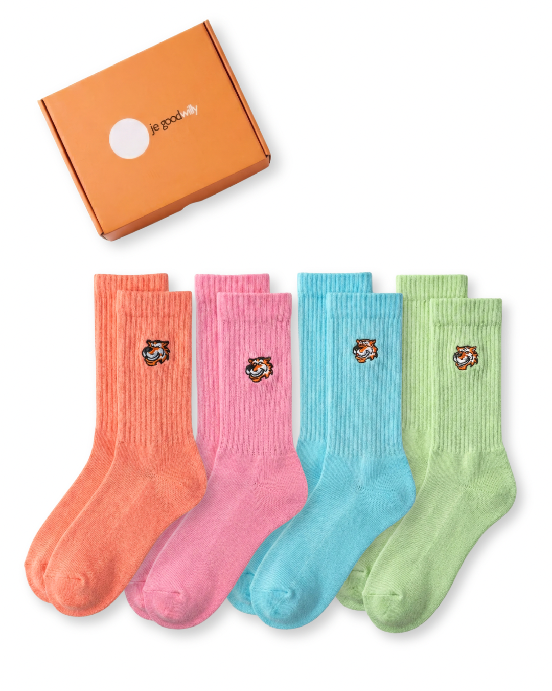 Weekend Set für Damen von Good Willy: 4 Paar Crew-Socken in Pfirsich, Rosa, Türkis und Mintgrün mit oranger Geschenkbox (KI-generiert)